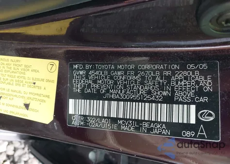 2005 Lexus Es 330 from USA, damaged, VIN JTHBA30G955125432